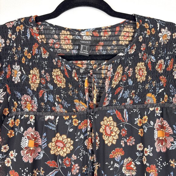 Forever 21 Black Floral Boho Babydoll Mini Dress Women’s‎ Large Tiered Skirt - Picture 3 of 16
